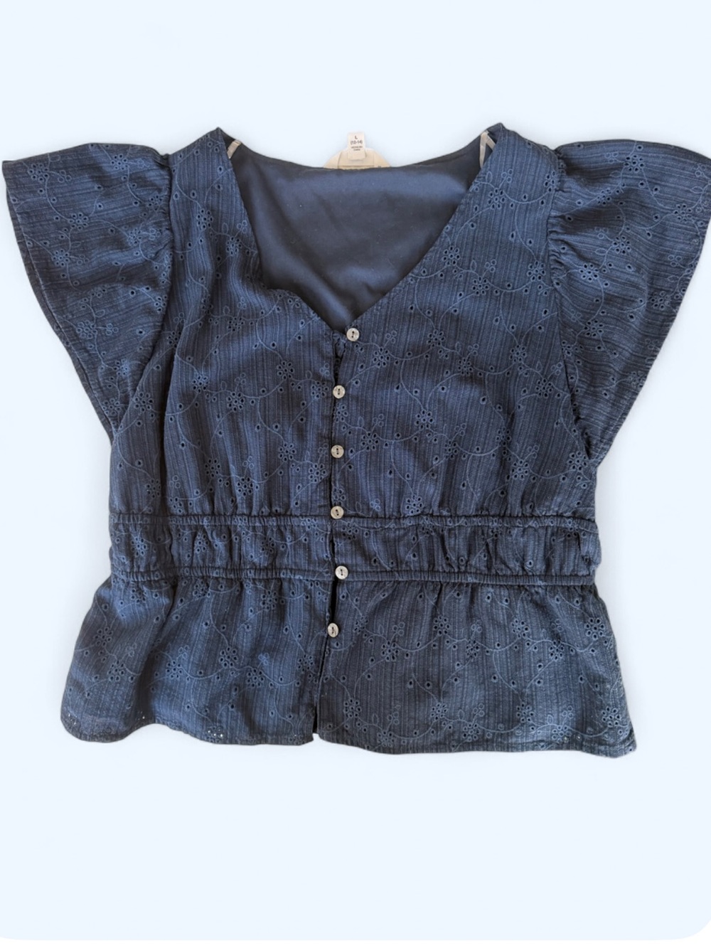 Time and Tru Navy Eyelet Button-Front Peplum Blouse
